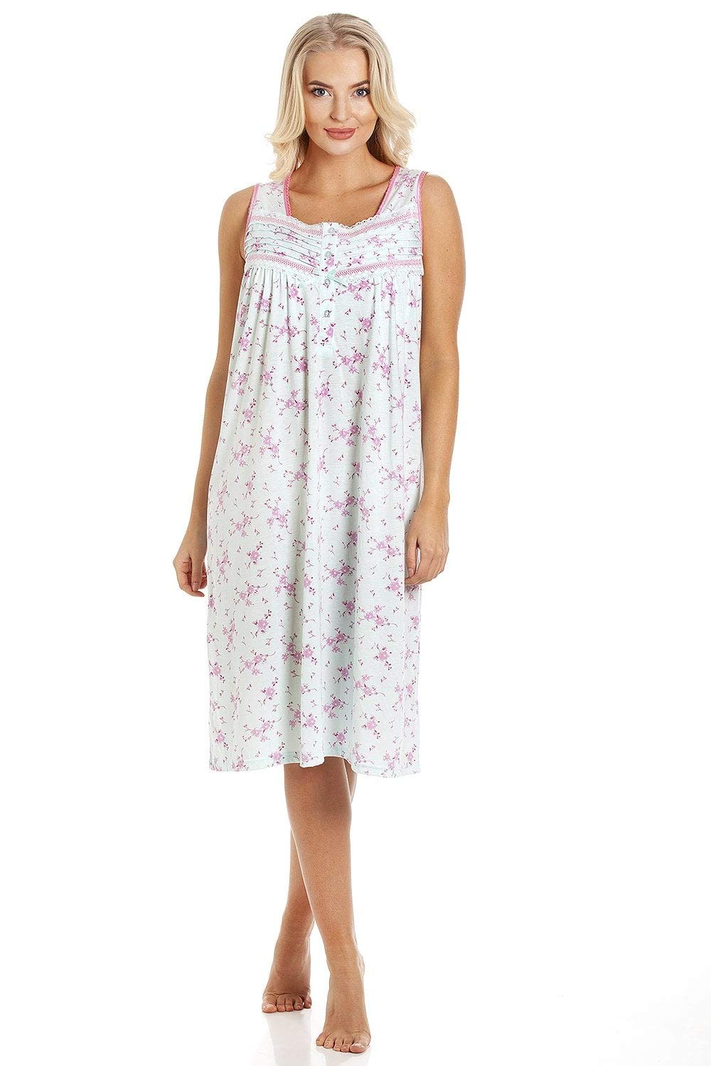Camille Women's Aqua Floral Lightweight Sleeveless Summer Nightdress In Size 22-24