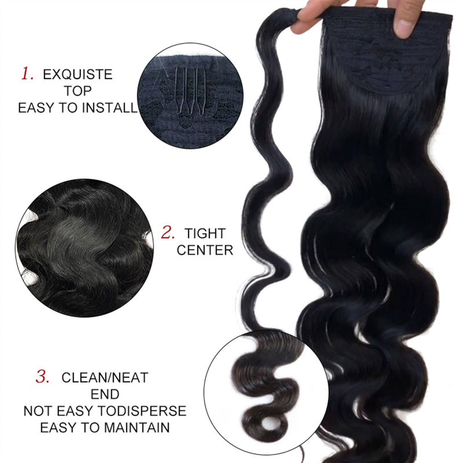 Kucyk okrągły sznurek do noszenia na głowie treski dla kobiet Body Wave kucyk ludzkie spinki do włosów w brazylijskich ludzkich włosów Remy Hair Extensions (czarny, 26 cali)