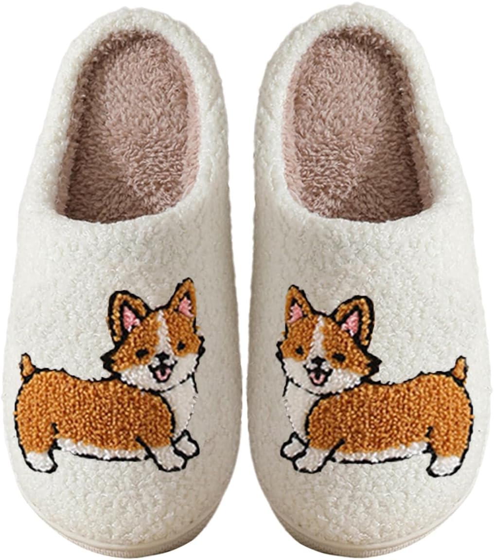 Dogs Slippers for Women Men Cute Corgi Border Collie Slippers Fluffy warm fur non-slip home shoes