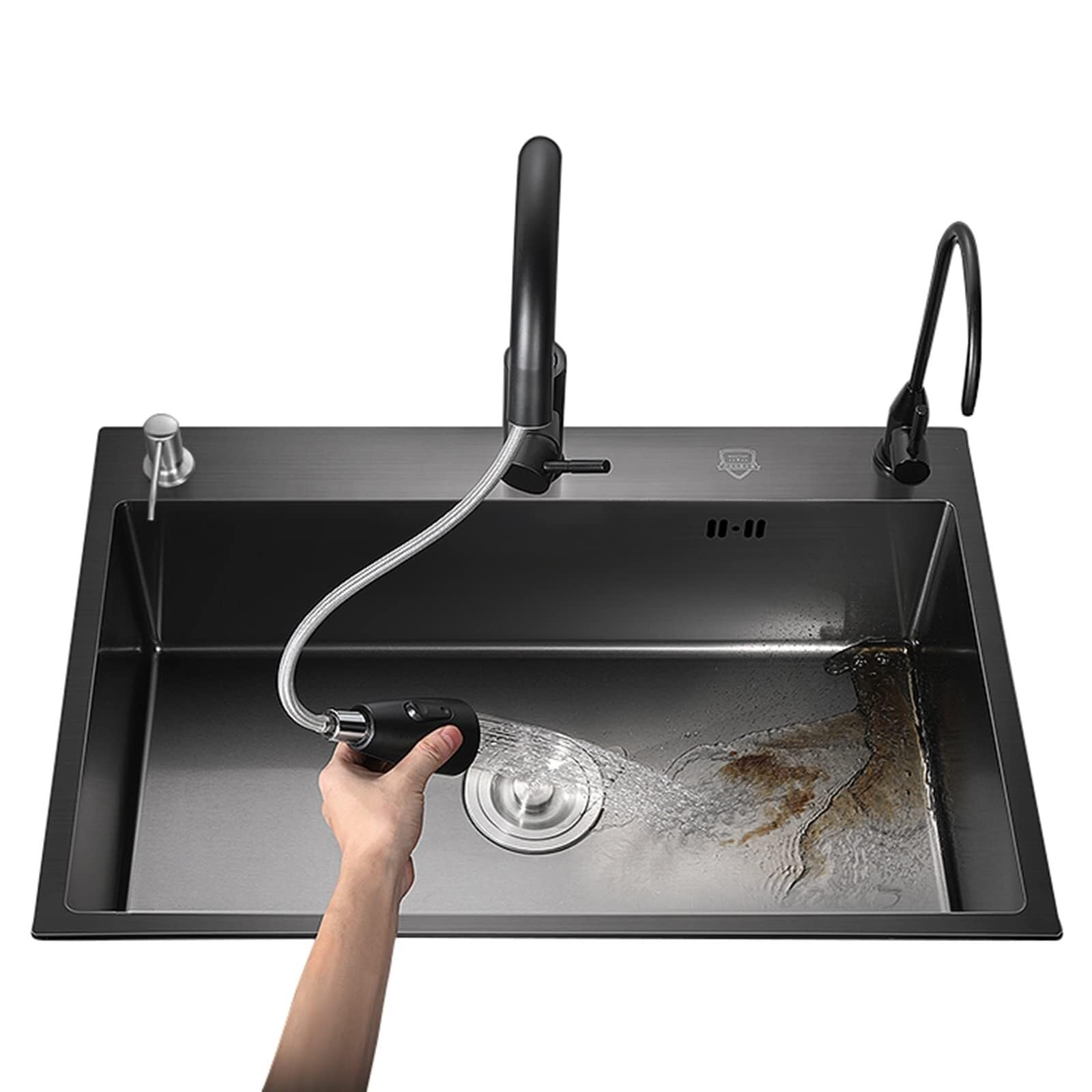 SDdPulse Large Stainless Steel Kitchen Sink with Pull Out Faucet - Modern 3 Hole Sink Workstation Sink Black 75x45cm