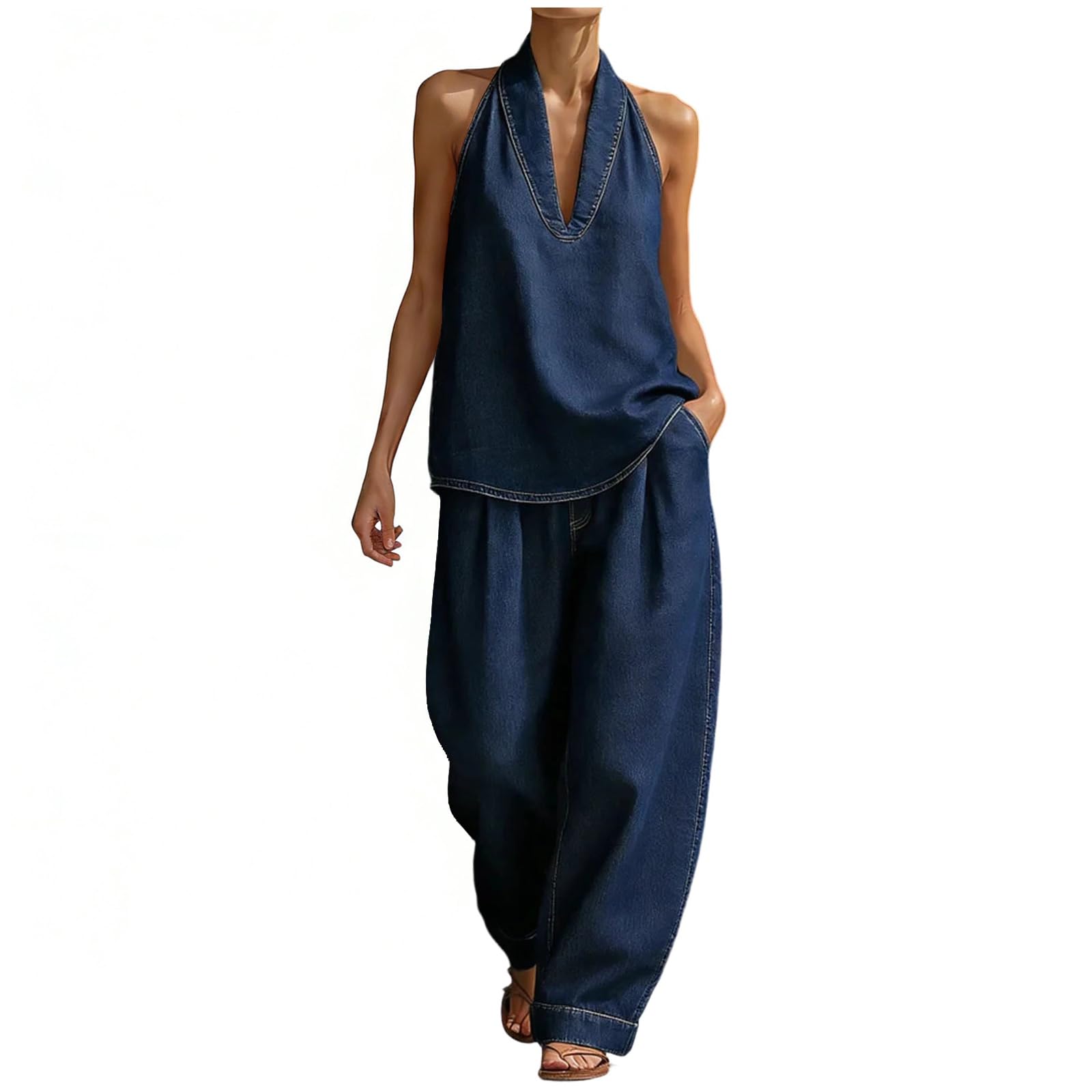 Conjunto Verano Mujer de 2 Piezas Vaquero, Ropa Primavera Casual Elegante, Deportivo Top Cuello en V y Pantalón Ancho Suave, Conjunto Tallas para Viajes y Vacaciones Playa