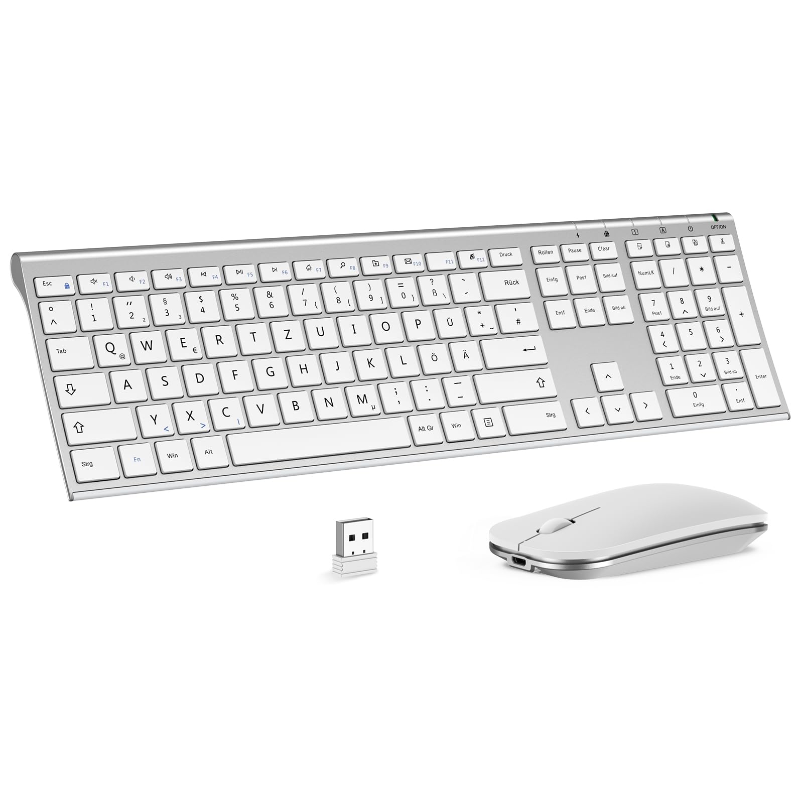 seenda Kabelloses Tastatur Maus Set, 2.4G Ultraflach Wireless Tastatur und Maus Aufladbar aus Aluminium, Deutsch QWERTZ, Weiß Silber