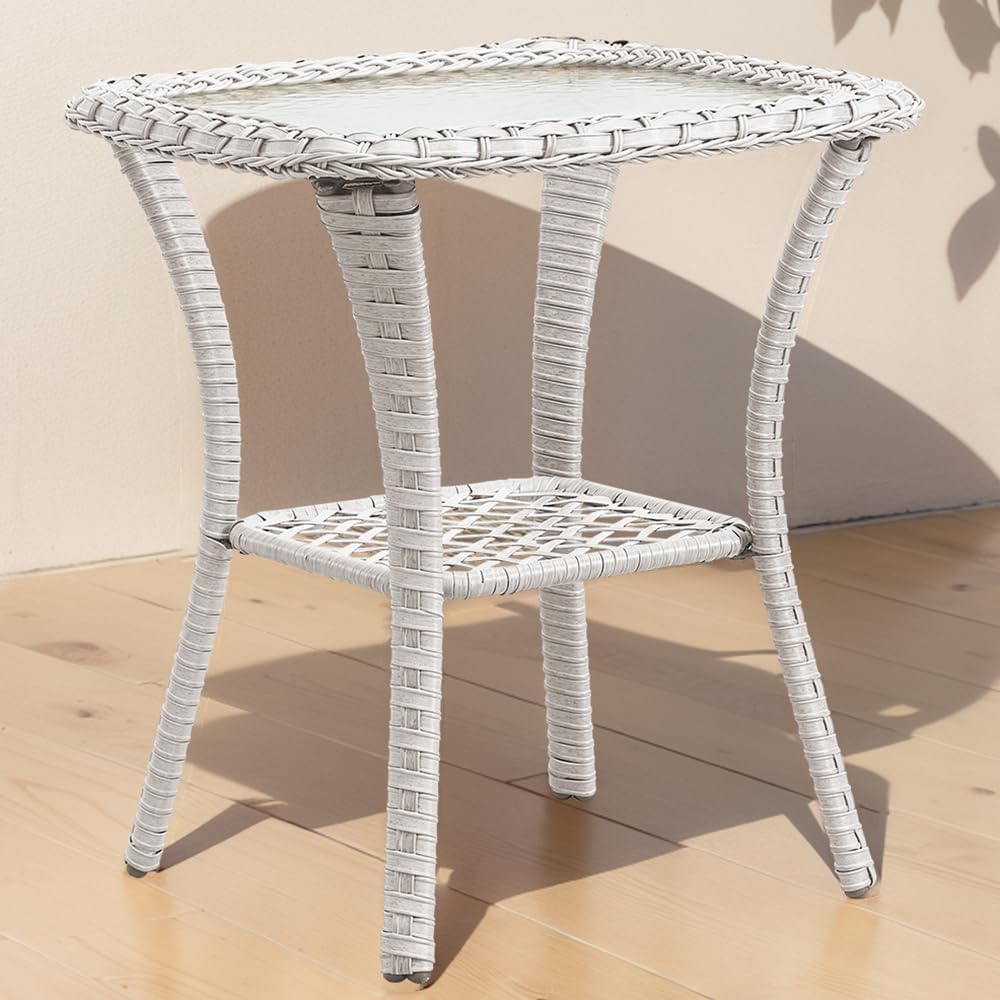 moosprr Outdoor Wicker Side Table ：Glass Top Patio Side