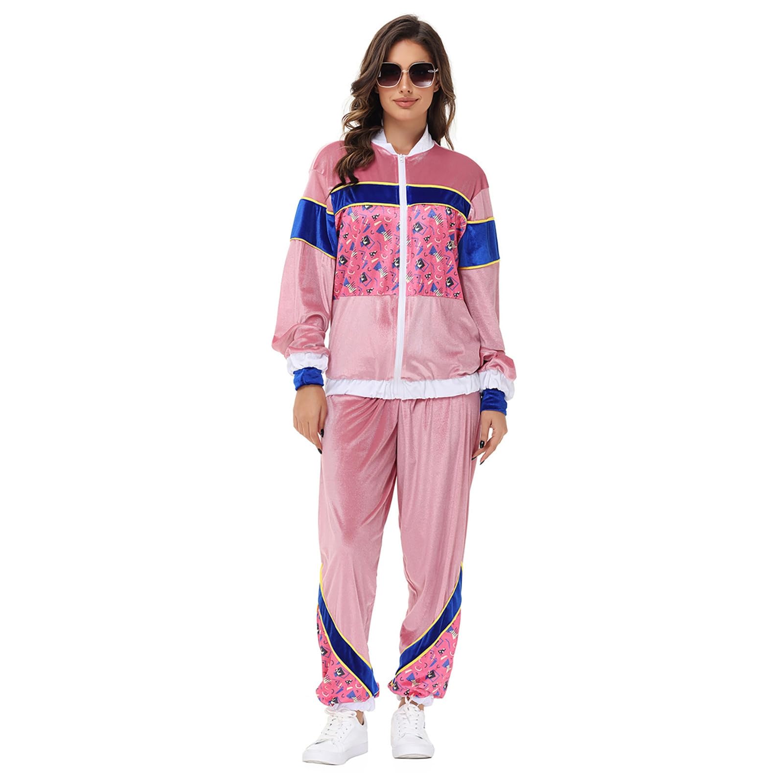 Generisch Faschingskostüme Damen Retro Disco Set 2Pcs, Jacke, Hose Karnevalskostüm Samt Bunt mit Reißverschluss Fasching Kostüm 70Er Party Outfit Lustig Tanzparty