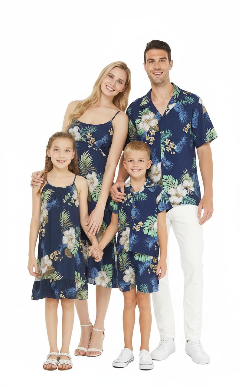 Matchable Family Hawaiian Luau Men Women Girl Boy Clothes in Pineapple Garden Navy