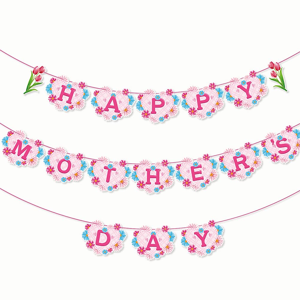 Floral Mother's Day Party Decorations,Happy Mother's Day Banner Pink Letter Flags Bunting Garland Love Heart Shape with Tulip Flower Bunting Banner for Mom Mommy on Mother's Day Party Supplies