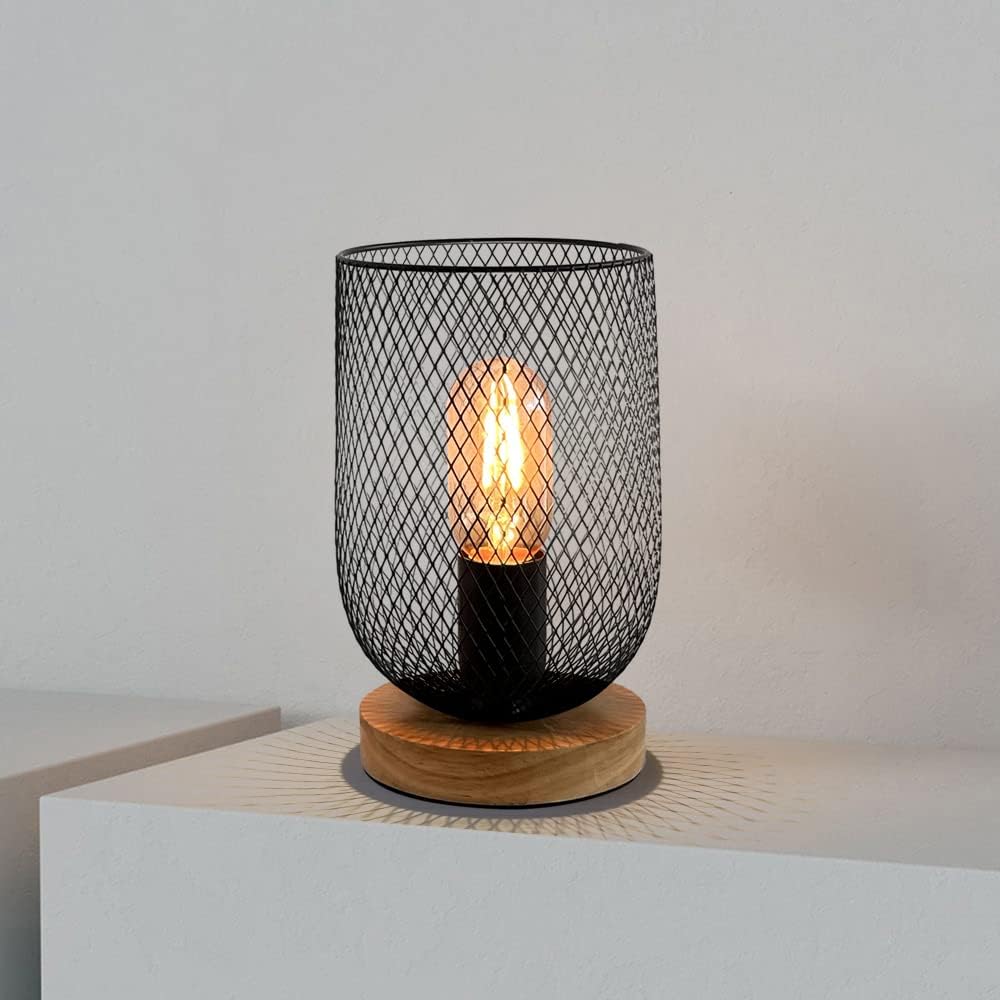 HUAMI Metal Cage Table Lamp Wooden Base Desk Lamp Decorative Bedside Lamp with Edison Bulb for Bedroom Home Weddings Parties Patio Indoor Outdoor Valentine