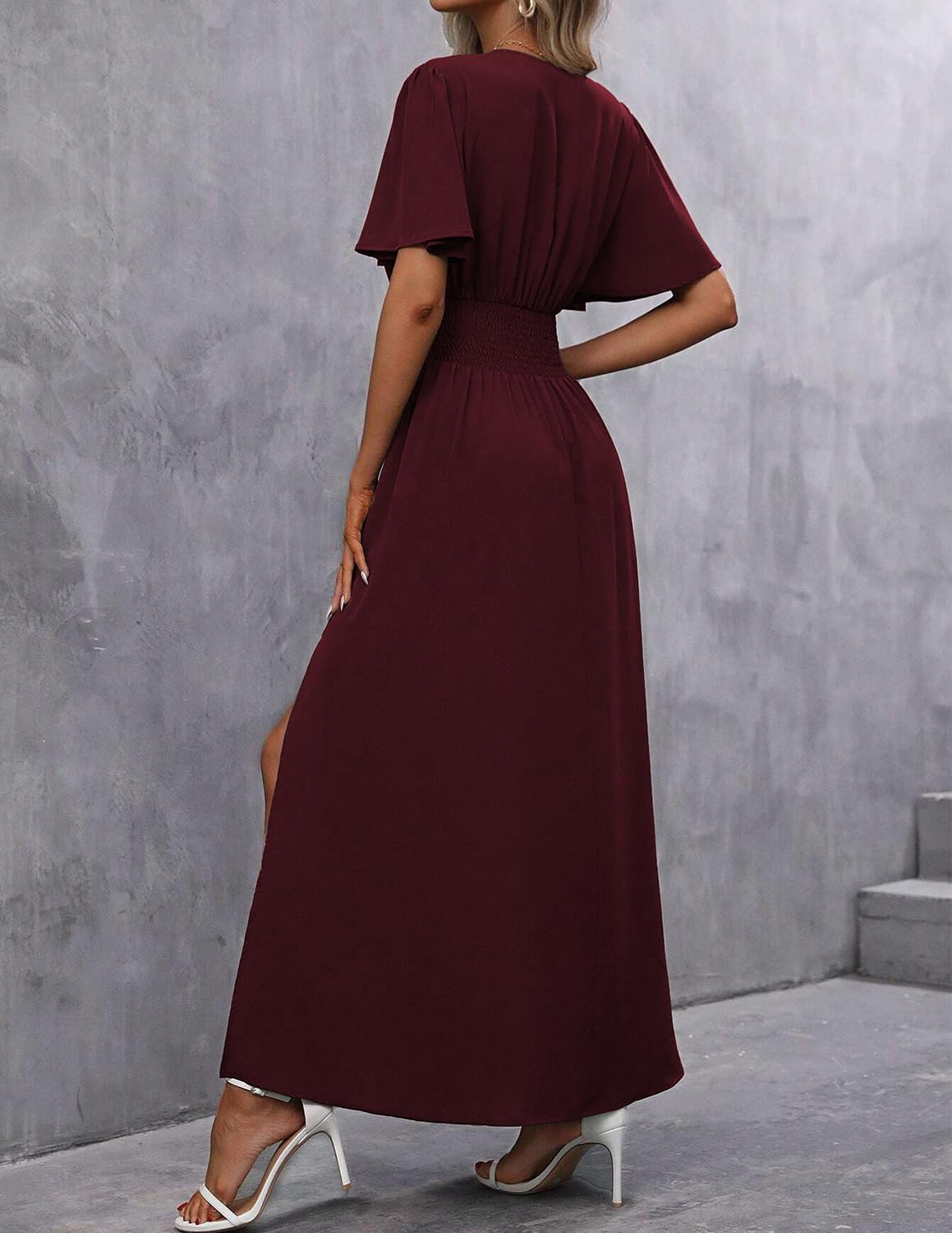 Damen Kleid Kurzarm V-Ausschnit Tunika Maxi Einfarbig Casual Hohe Taille Freizeitkleid Frühling Sommer