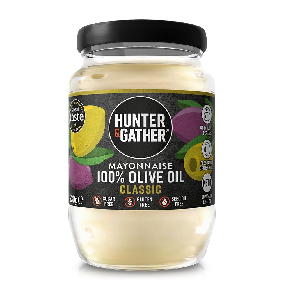 Hunter & Gather Mayonesa de Aceite de Oliva 630g | Hecha con Yema de Huevo Campero Británico | Mayonesa Paleo, Keto, Libre de Azúcar y Gluten | Libre de Saborizantes Artificiales
