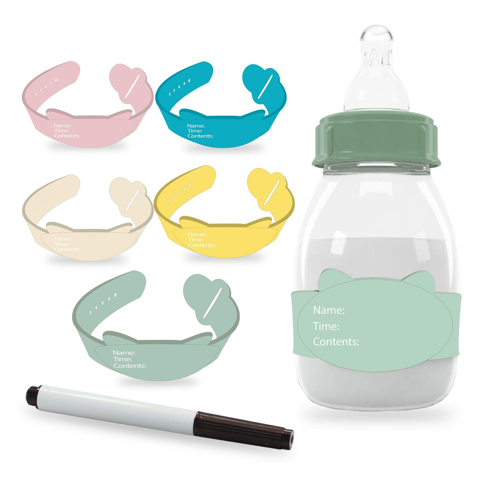 Adjustable Silicone Baby Bottle Labels with Claps- Reusable-Great for Day Care-Diswasher Safe- Waterproof- Essentials- Silicone Labels Open with Claps