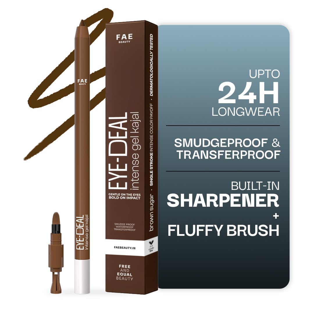 FAE Beauty 24Hr Longstay Eye-Deal Intense Gel Kajal -Smudgeproof, Waterproof, With Built-in Sharpener & Fine Bristle Brush| Matte Finish | One Swipe Application, Non-Irritant, Ophthalmologically & Dermat Tested - Brown Sugar