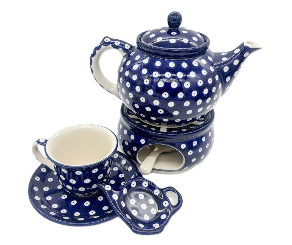 Bunzlauer Keramik Teekanne mit Stövchen Set, Blau mit weißen Punkten, Handgemacht, 15 cm Höhe, 25 cm Durchmesser, Traditionelles Design