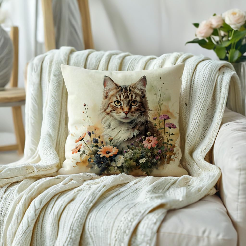 Cat Decorative Throw Pillow Cover with Floral Farmhouse Decor Pillow Cases for Sofa Couch Porch Patio Spring Summer Cushion Covers,18 x 18 inches (Brown/Orange, 18×18) image 3