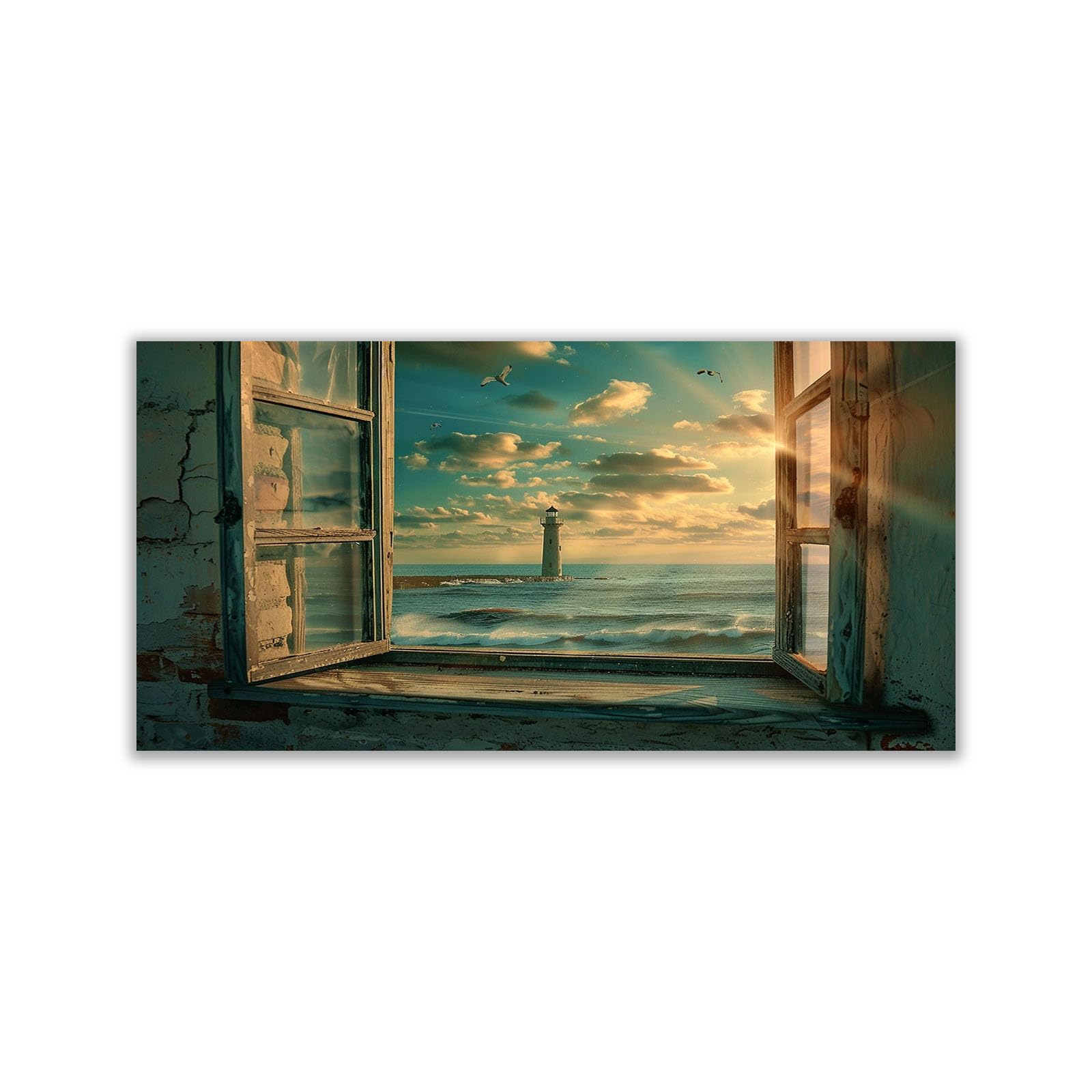 WIKEO Beach Pictures on Canvas Wall Art Window Beach Scenery Pictures Modern Prints Seaview Landscape Artwork - for Living Room Bedroom Home Office Wall Decoration(Blue 9)-70x140cm Unframed