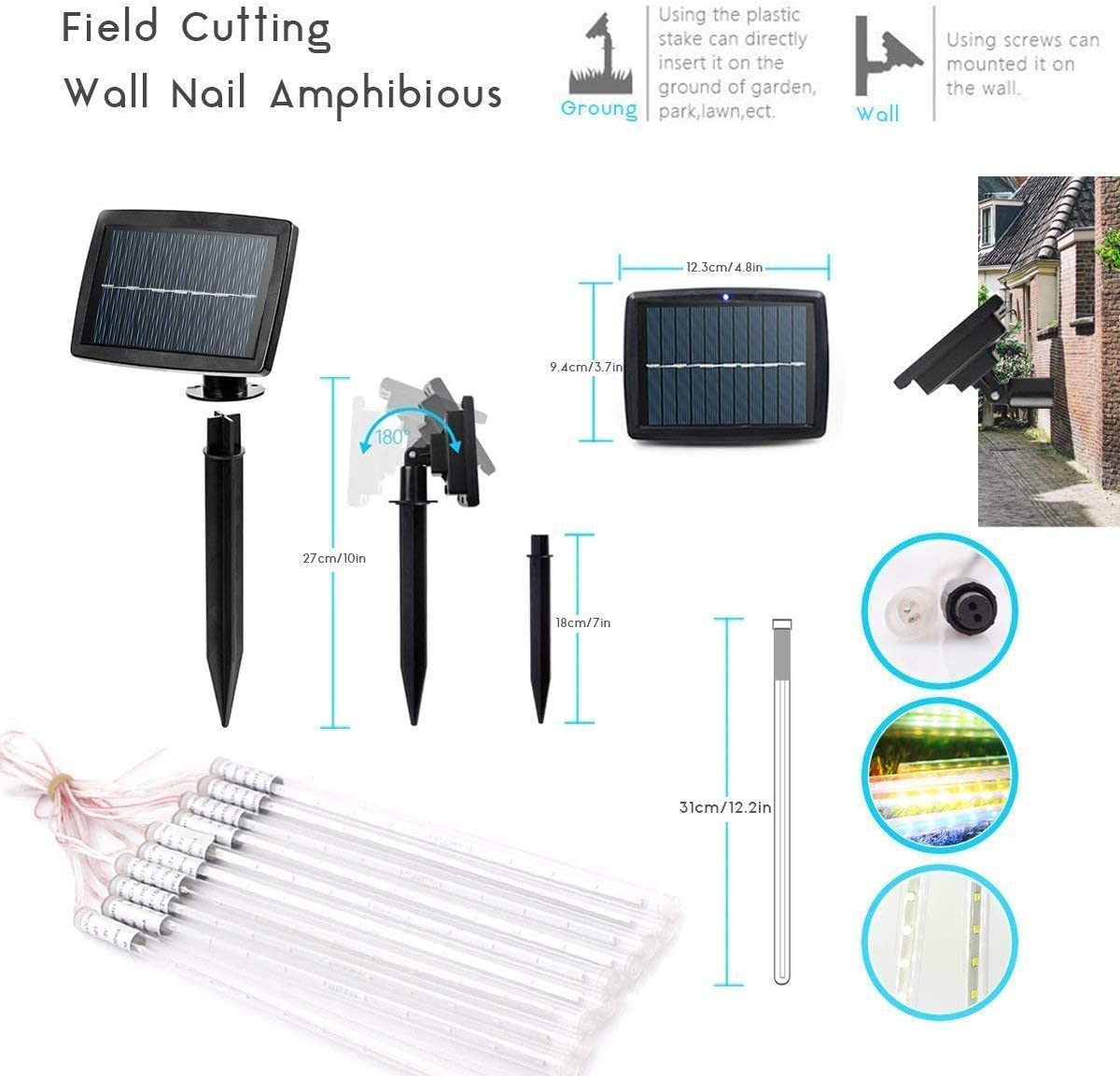 KINGCOO Solar Meteorschauer Regenlichter, Wasserdichte 30cm 10 Tube 360LEDs Schneefall Regentropfen Weihnachten Lichterketten für Hochzeit Party Garten Außen Innen Dekoration (Warmweiß)
