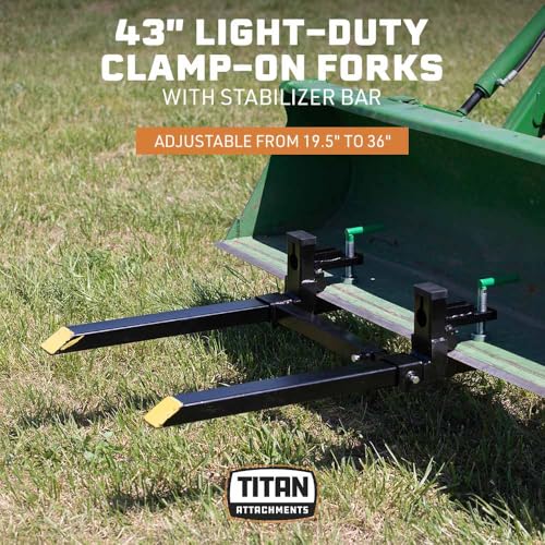 Image of Titan Attachments Light-Duty 43 inch Clamp-On Pallet Forks with Adjustable Stabilizer Bar, 30 inch x 3 inch Fork Length, Rated 1,500 LB, Easy to Install on Loader or Skid Steer Bucket
