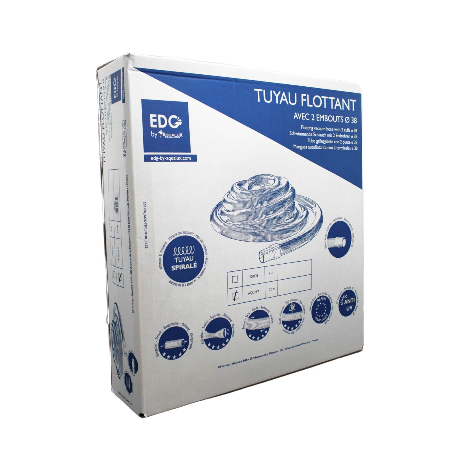 EDG by AQUALUX INTERNATIONAL - Tuyau Flottant Piscine Diamètre 38 mm Interieur avec 2 Embouts Fixes - Technologie Spiralée Haute Performance Anti Ecrasement - Longueur 12 m