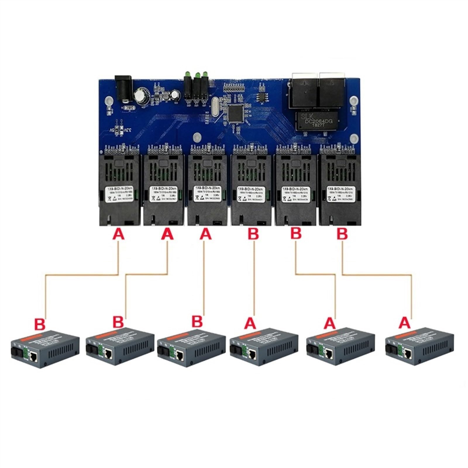 Convertisseur De Commutateur Ethernet Rapide 10/100M, 20KM, Convertisseur De Média Fiber Optique Ethernet Monomode 2 * RJ45 Et 6 * Port Fiber SC (Size : 1 pcs Only pCBA)