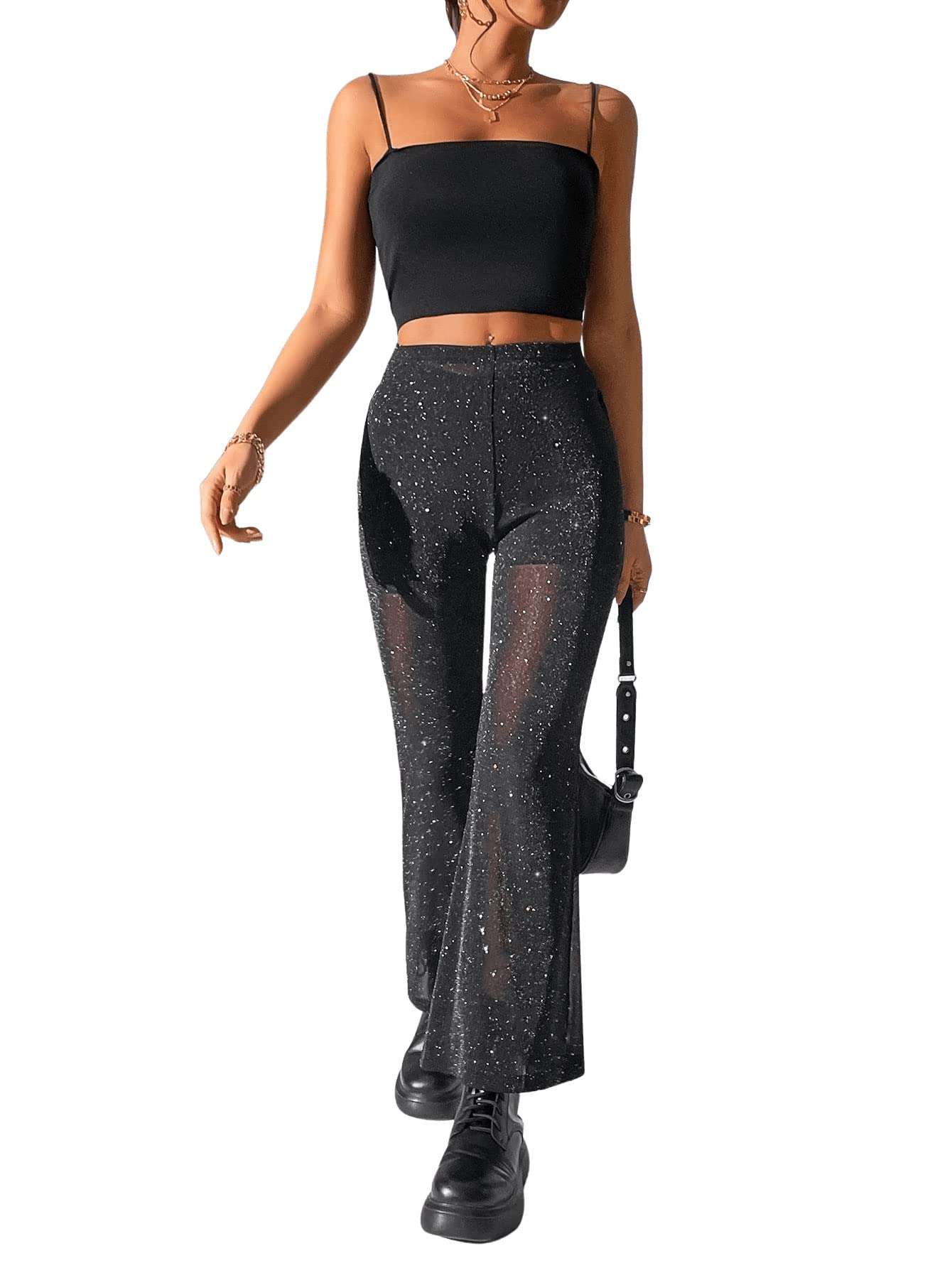 GORGLITTER Pantaloni a maglia da donna trasparenti a vita alta, con glitter