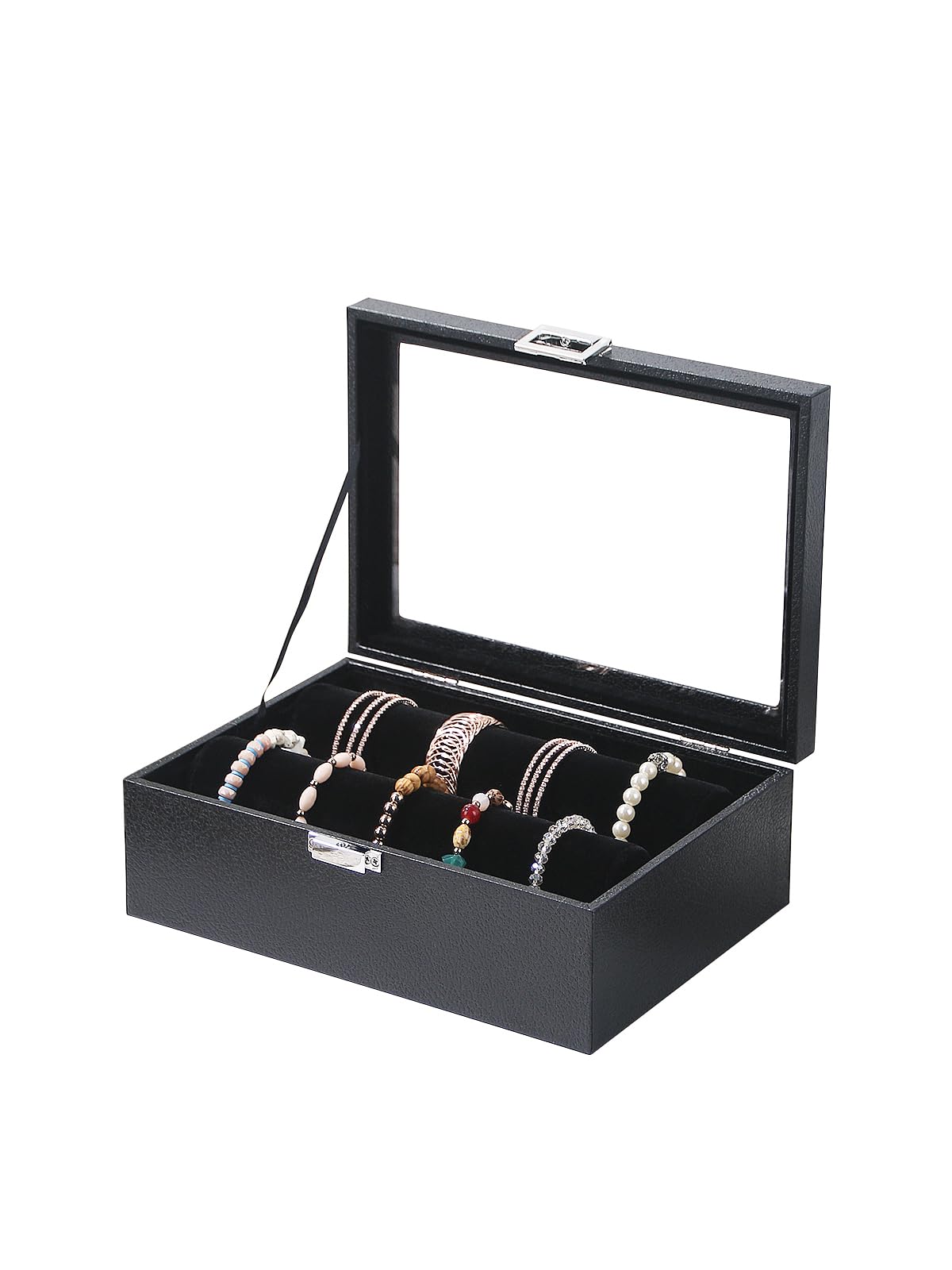 Bracelet Holder Organizer Box Jewelry Storage Case with 2 Rods Bangle Watch Display Tray for Women Girls Black