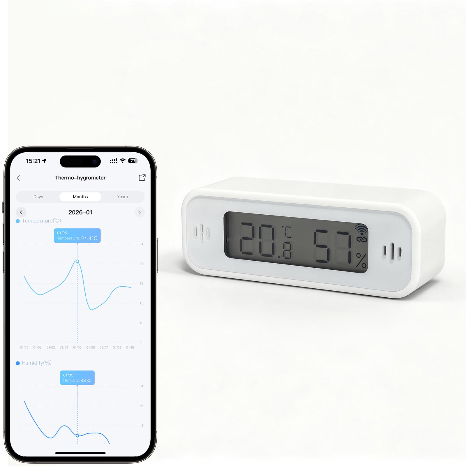 WIOONI WLAN Thermometer Hygrometer Innen, WIFI Temperatursensor mit App, Benachrichtigungen, Tuya/Smart Life Kompatibel für Babyzimmer Office Wohnzimmer Gewächshaus Lager Keller Weinkeller, 1