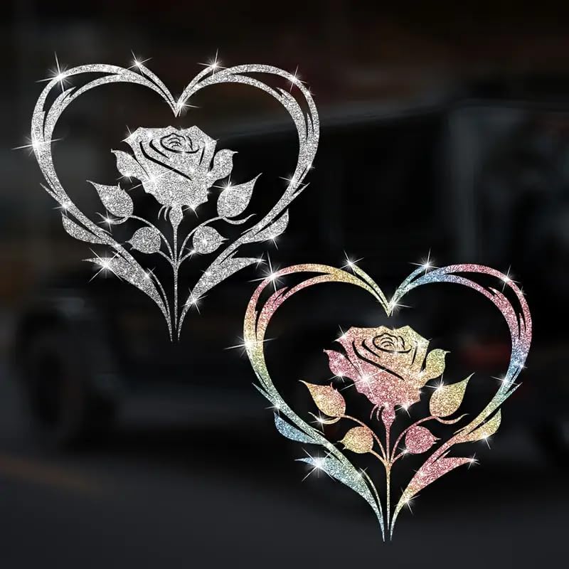 2pcs Sparkling Rose Heart Sunflower Self-Adhesive PVC Rainbow Glittery Decal Sticker for Cars, Laptops, Trucks, Motorcycles Wall Window Luggage Scratch Cover Door Multi-Surface Decor Sticker - Image 2
