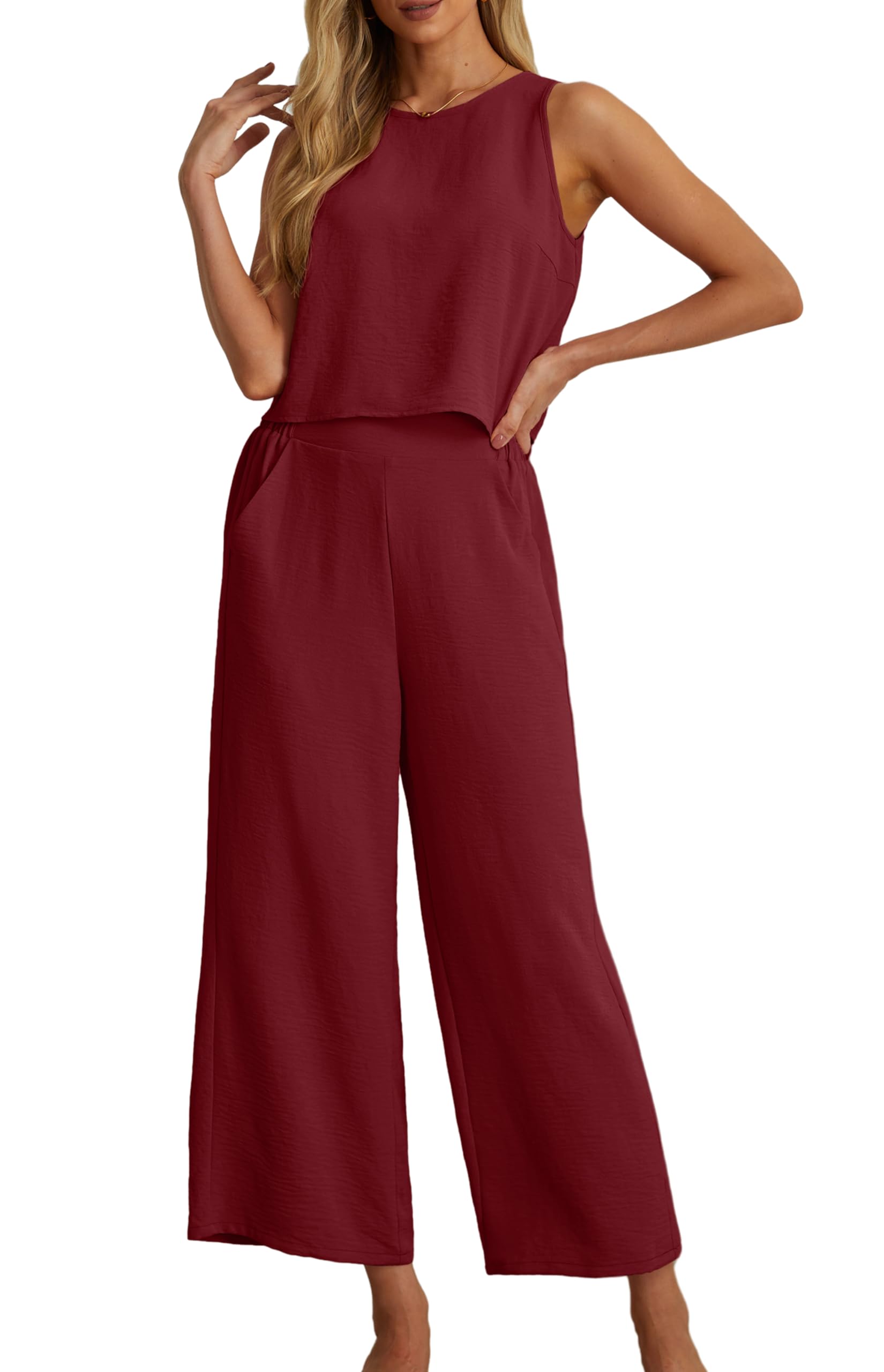 IWOLLENCE Women's Summer 2 Piece Outfits Set Round neck Sleeveless Tank Crop Top Wide Leg pants Set Pockets Jumpsuits