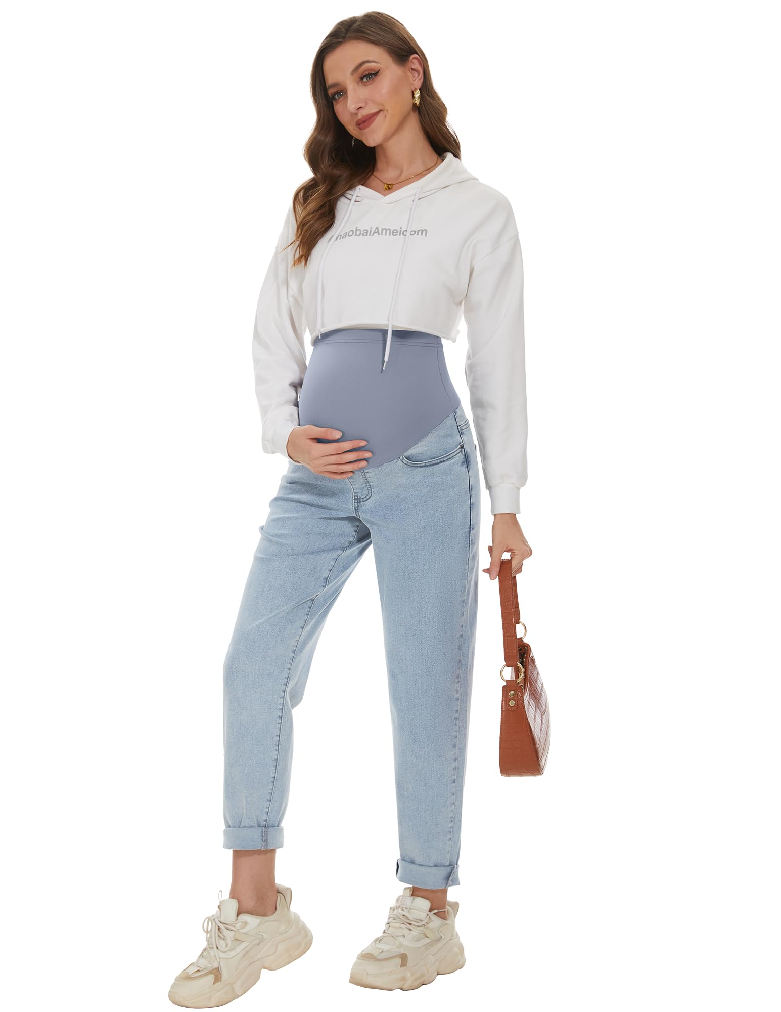 AVOG Umstands-Boyfriend-Jeans, hohe Taille, dehnbar, Denim, Schwangerschaftshose mit 4 Taschen