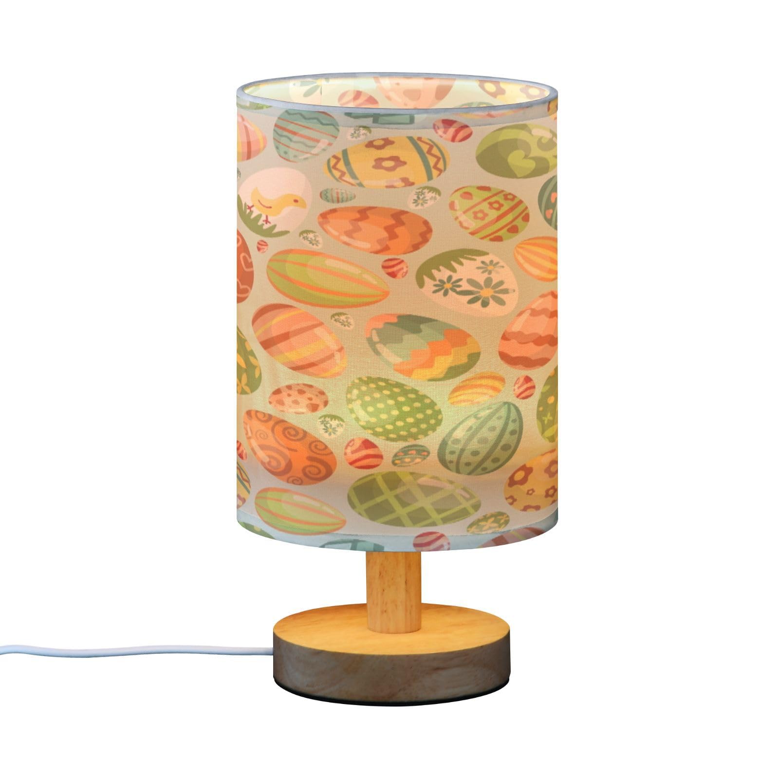 SDMKA Easter Eggs Pattern Bedside Table Lamp for Bedroom, Minimalist Nightstand Lamp with Round Fabric Shade for Living Room, Office, No Bulb Required