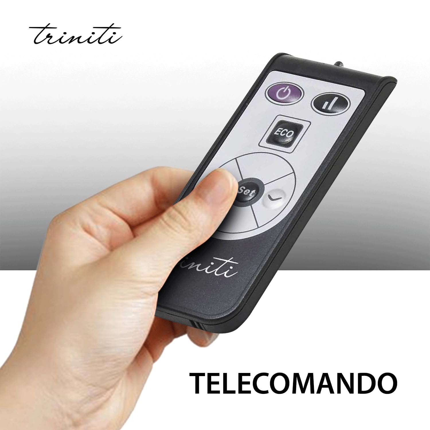 TRINITI Stufa Elettrica Basso Consumo Termostato, Potenza Regolabile, Elegante VETRO TEMPERATO, Display LED, imer, Silenzioso, Sistema Protezione Sicurezza Multiplo, Ruote + Montaggio a Parete, WHITE