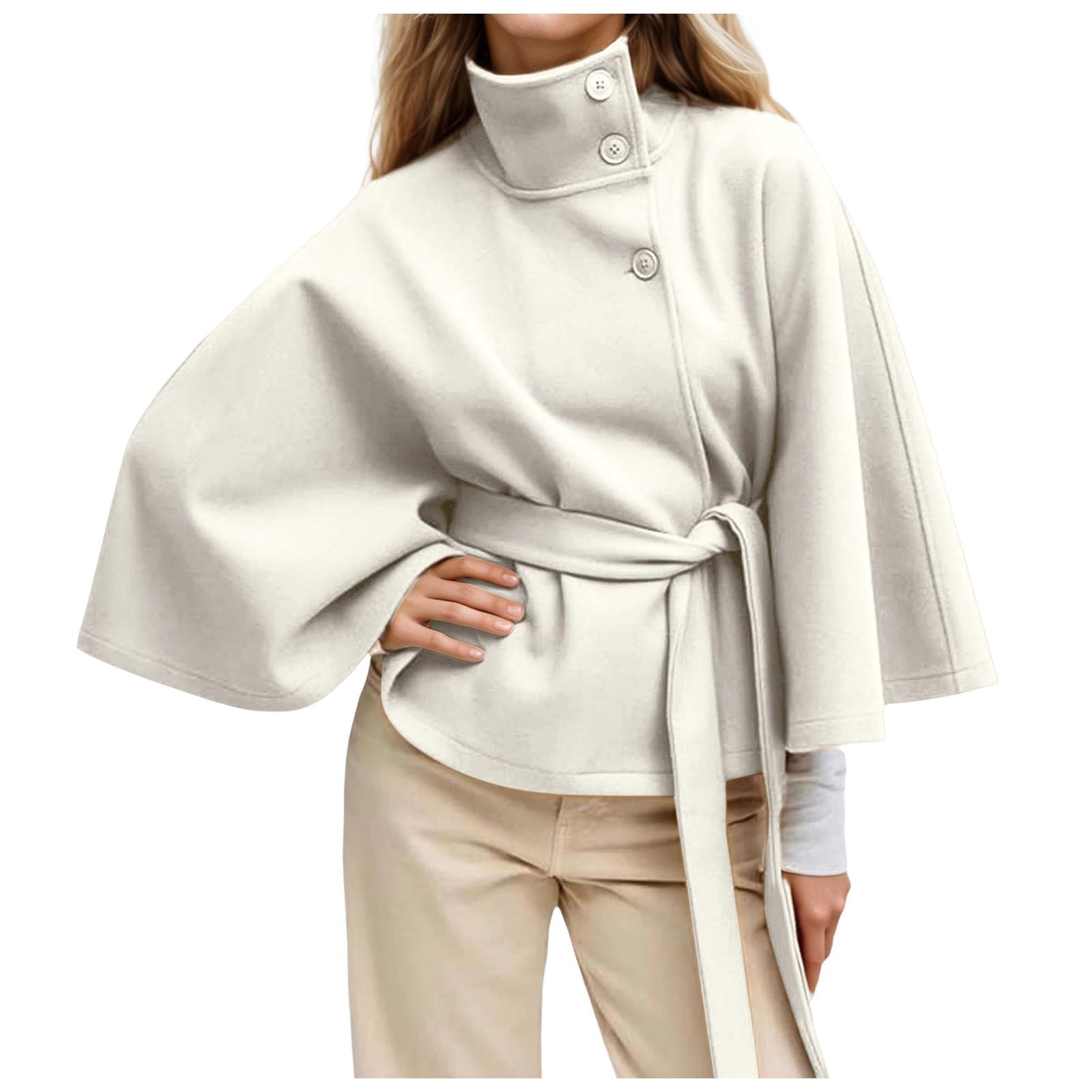 Maniche a pipipistrello Poncho Cappotto Collo Alto Cintura Capes Giacca Inverno Cropped Overcoat