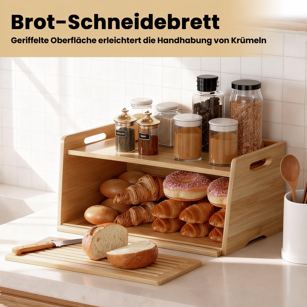 LEMIKKLE Panera de bambú con tabla de cortar, caja de almacenamiento de pan para mantener la comida fresca, adecuada para la cocina, se puede utilizar para almacenar pan, frutas, productos horneados