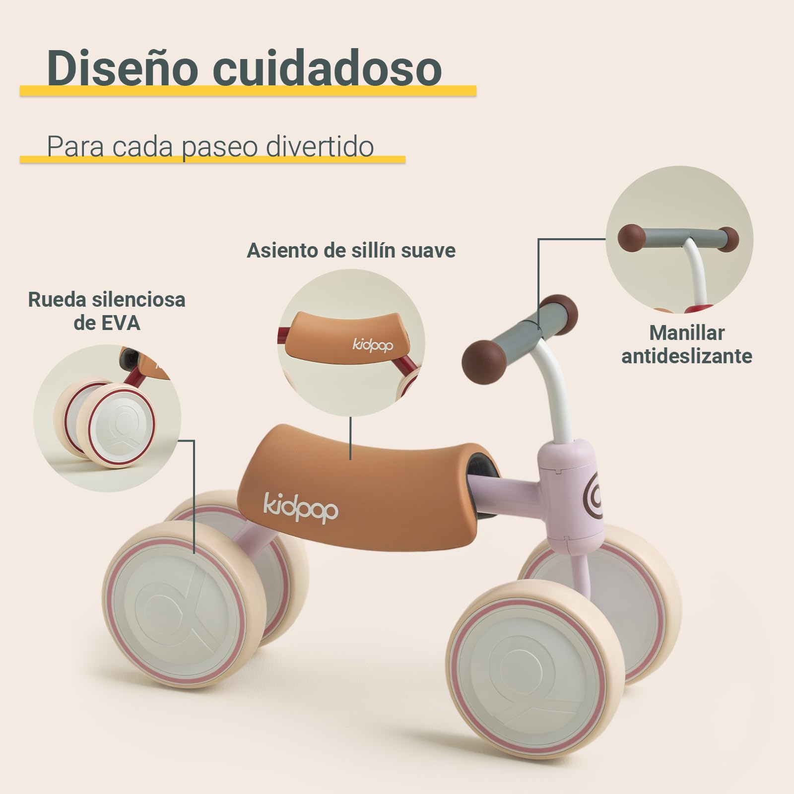 kidpop Big Bee Bicicleta sin Pedales, Bicicleta de Equilibrio, Juguete Bebés de 1 a 2 años, 4 Ruedas de EVA Balance Bike, Asiento Desmontable