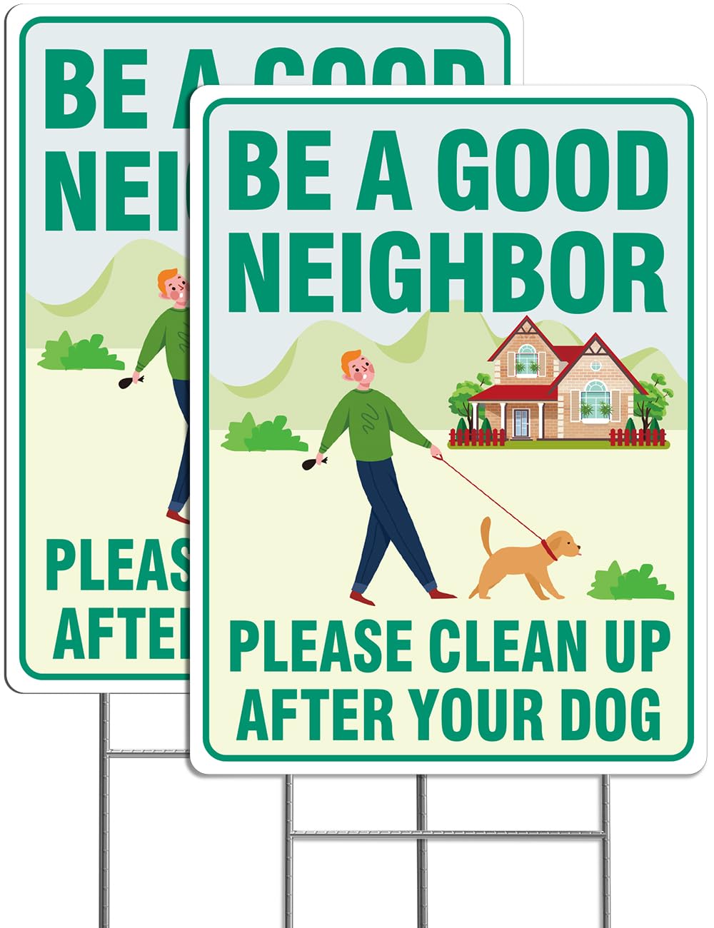 Multiwins Clean Up After Your Dog Signs, 2 Pack 12.6" x 9.5" with Metal Stake, No Pooping Dog Signs with UV Protected & Waterproof, Double Sided Pick Up After Your Dog Sign for Yard