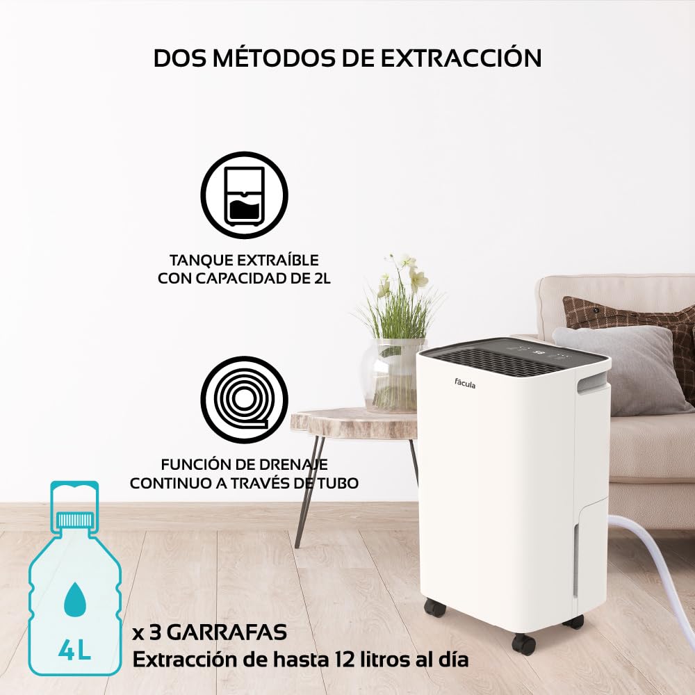 Fácula - Deshumidificador Gobi 12 l/día | Control Inteligente | Depósito extraíble 2l | Modo Auto | Temp 1-24h