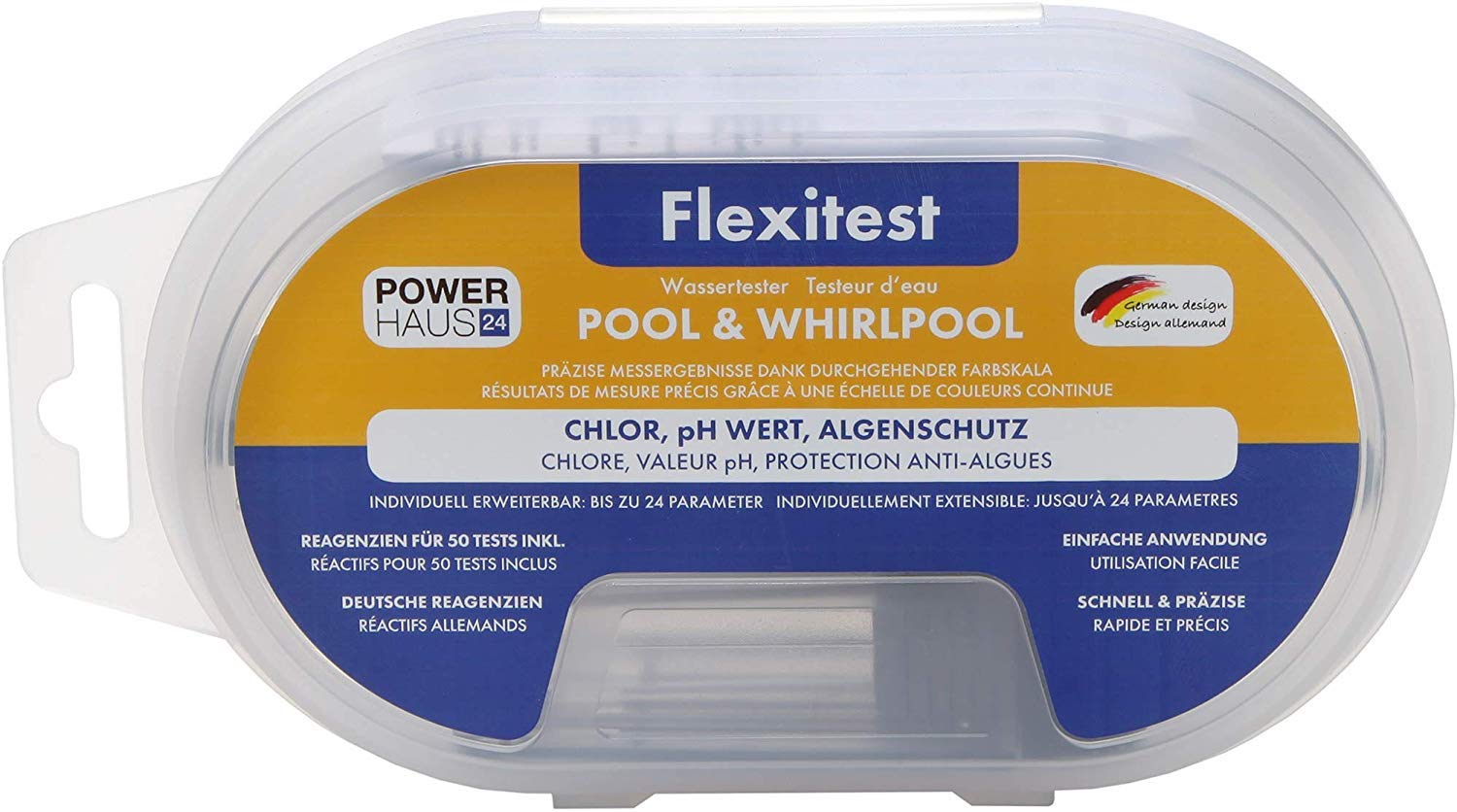 POWERHAUS24 Flexitest Chlor, pH Wert, Algenschutz Wassertester inkl. 60 Reagenzien & 3 Parametersticks, individuell erweiterbar