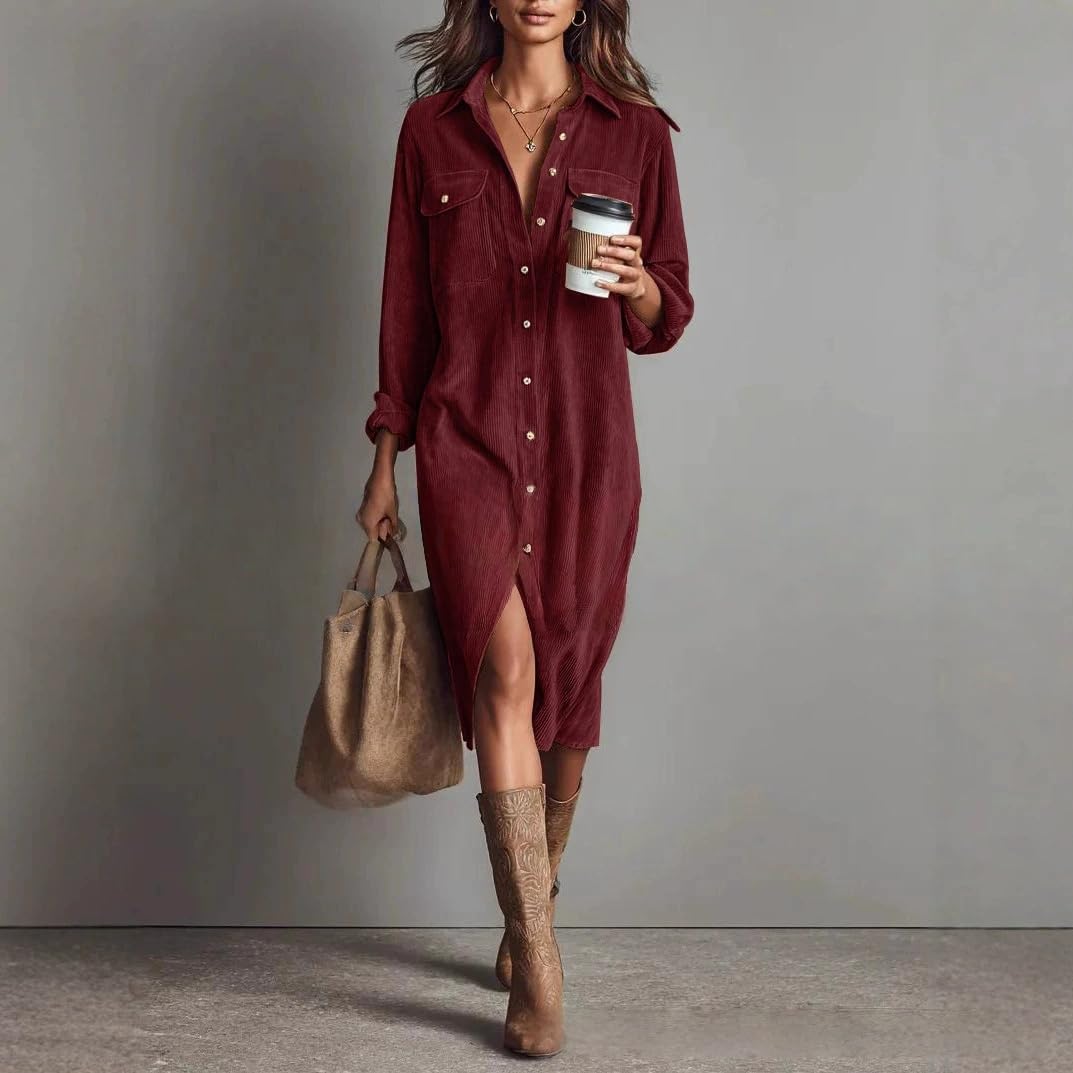 Generico Abito Camicia Midi in Velluto a Coste con Bottoni da Donna | Abito midi casual e ampio, stile tunica, con colletto e bottoni, ideale per autunno e primavera; dotato di tasche.