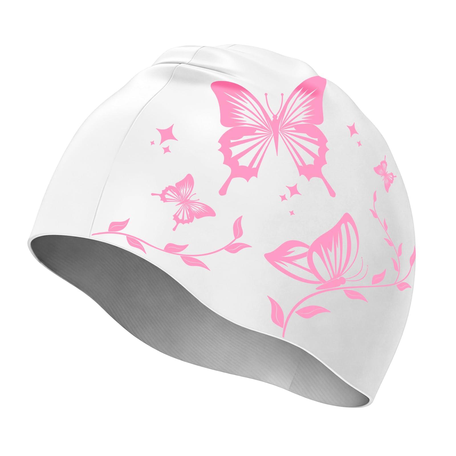 DLseego Silicone Swim Cap for Women,Butterfly Print Durable High Elasticity Swimming Caps Large Swim Hat for Long & Short Hair,White