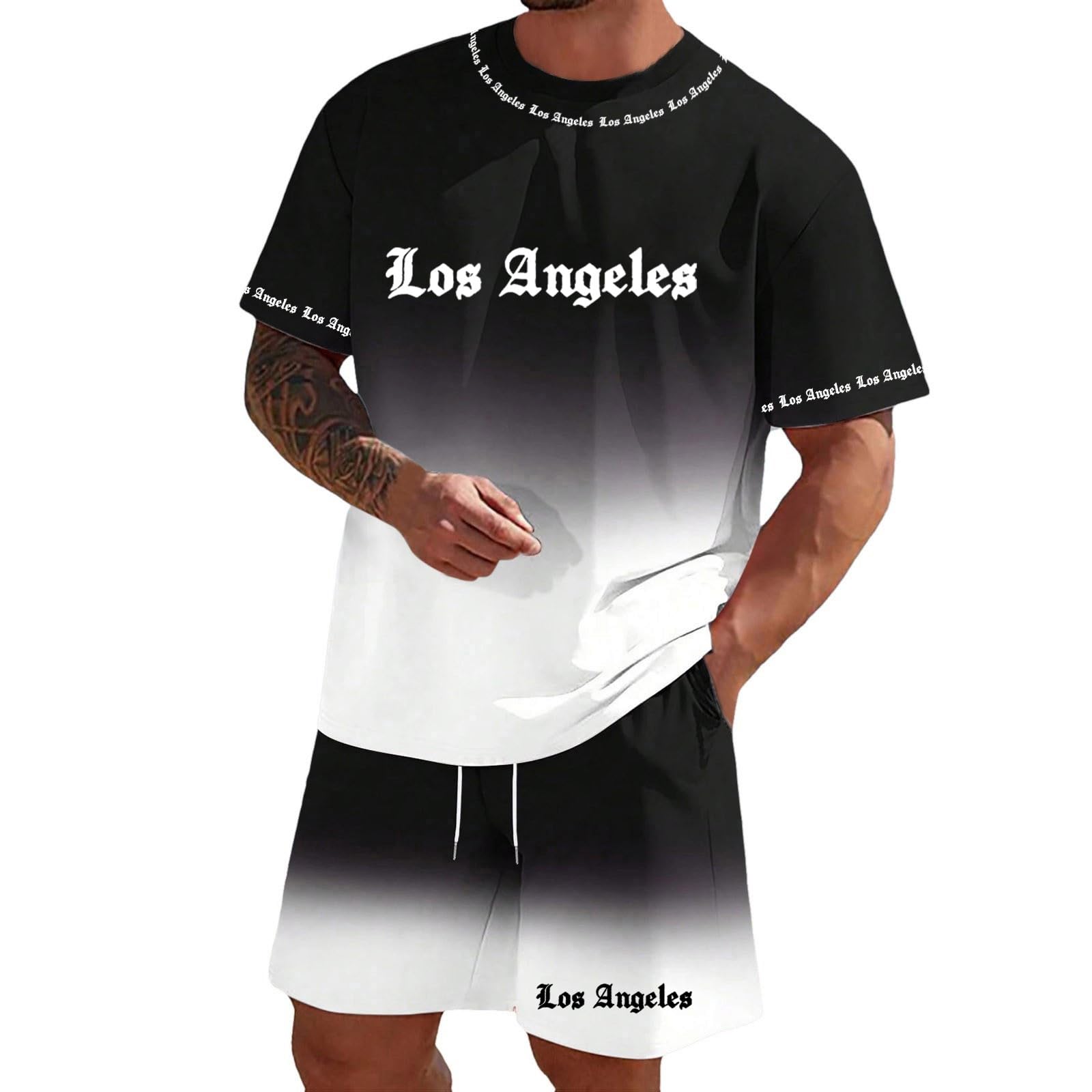 Tuta estiva da uomo, 2 pezzi, da jogging, con stampa da lettera, con maglietta oversize e pantaloni corti, taglie grandi, per il tempo libero, hawaiani, spiaggia, vacanze