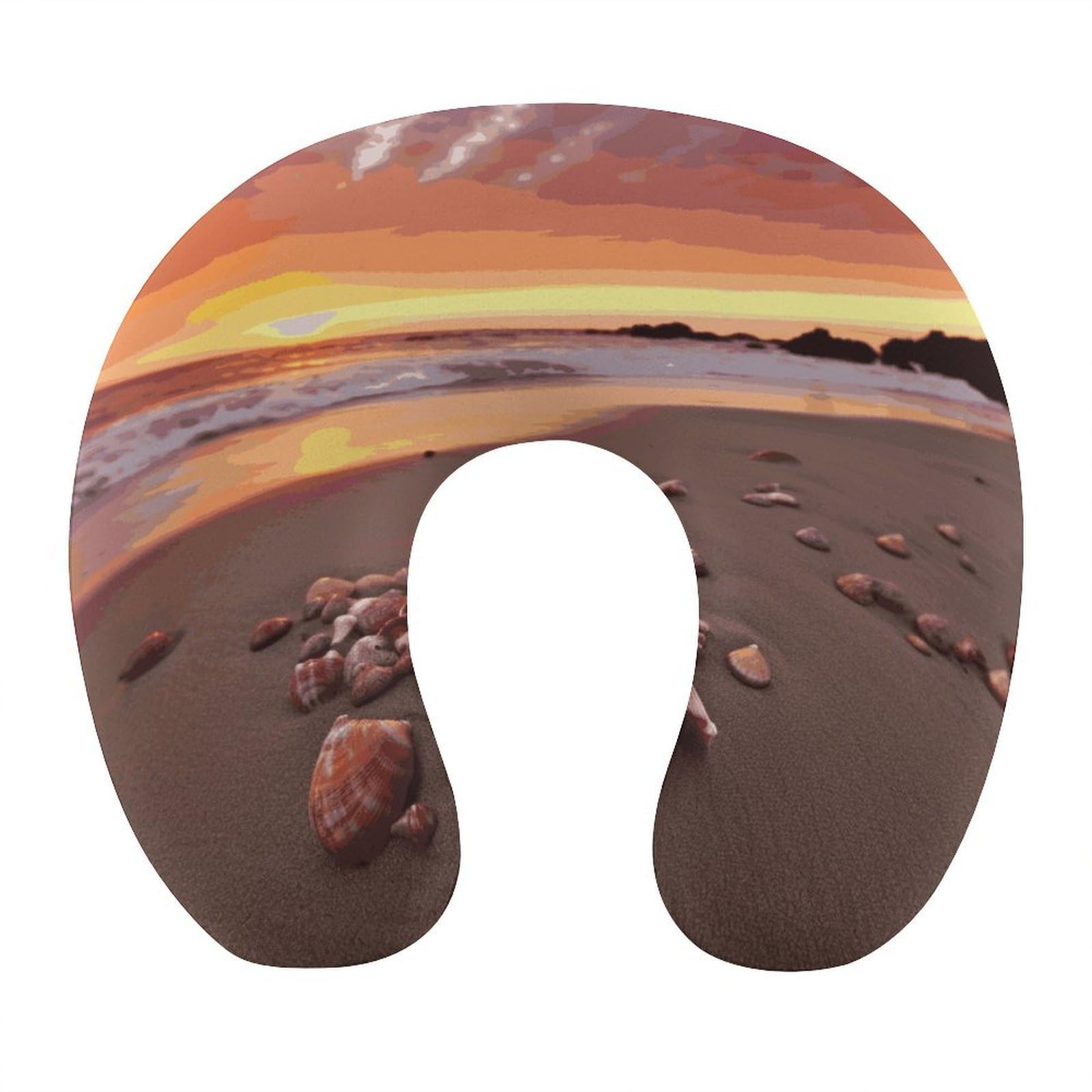 Adfgyerh Style Shell Beach Sunset U-Shaped Pillow，Memory Foam Pillow Core，Cushion ，Provide Neck Support ，Travel Pillow，Suitable For Airplanes, Cars, Homes, And Offices.