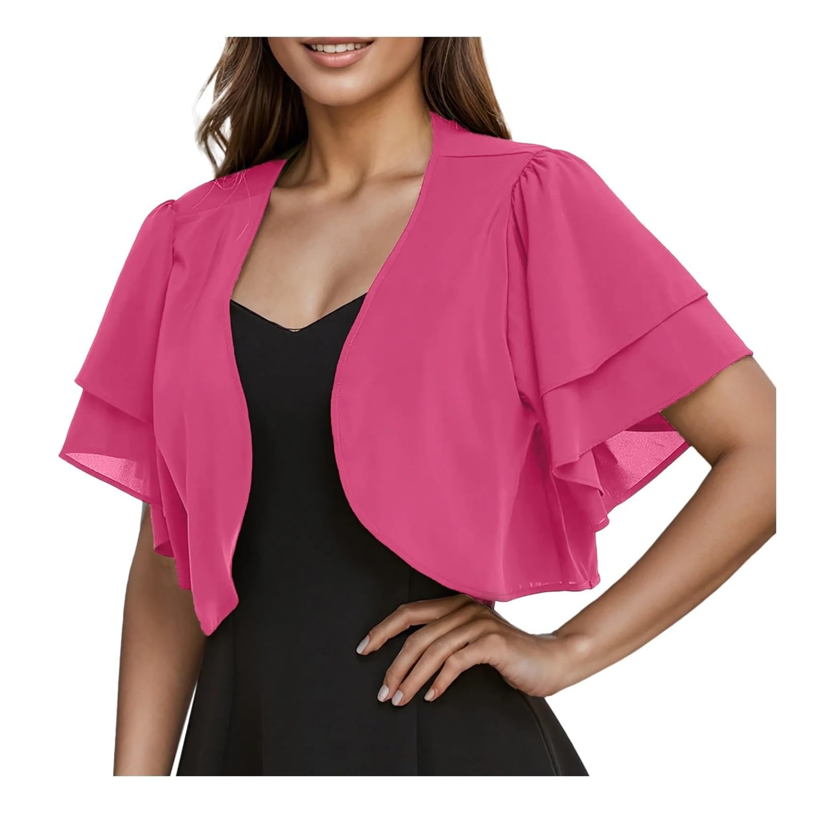 Byqadft Women's Fuchsia Spring And Summer Chiffon Blouse Solid Color Short Sleeve Cardigan Thin Chiffon(,Xxl)