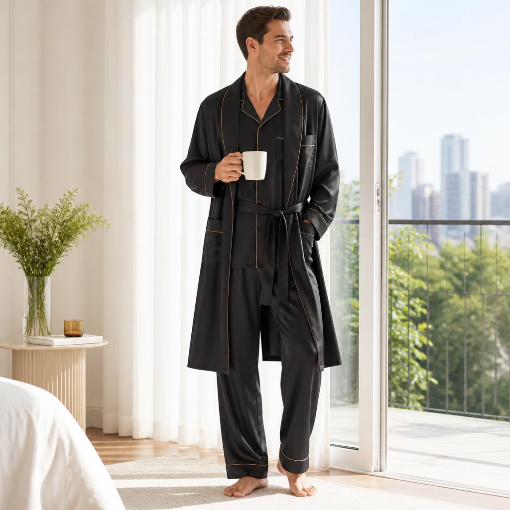 3-teiliger Herren-Satin-Pyjama mit Seidenhemd, weiche Loungewear, klassischer Schlafanzug