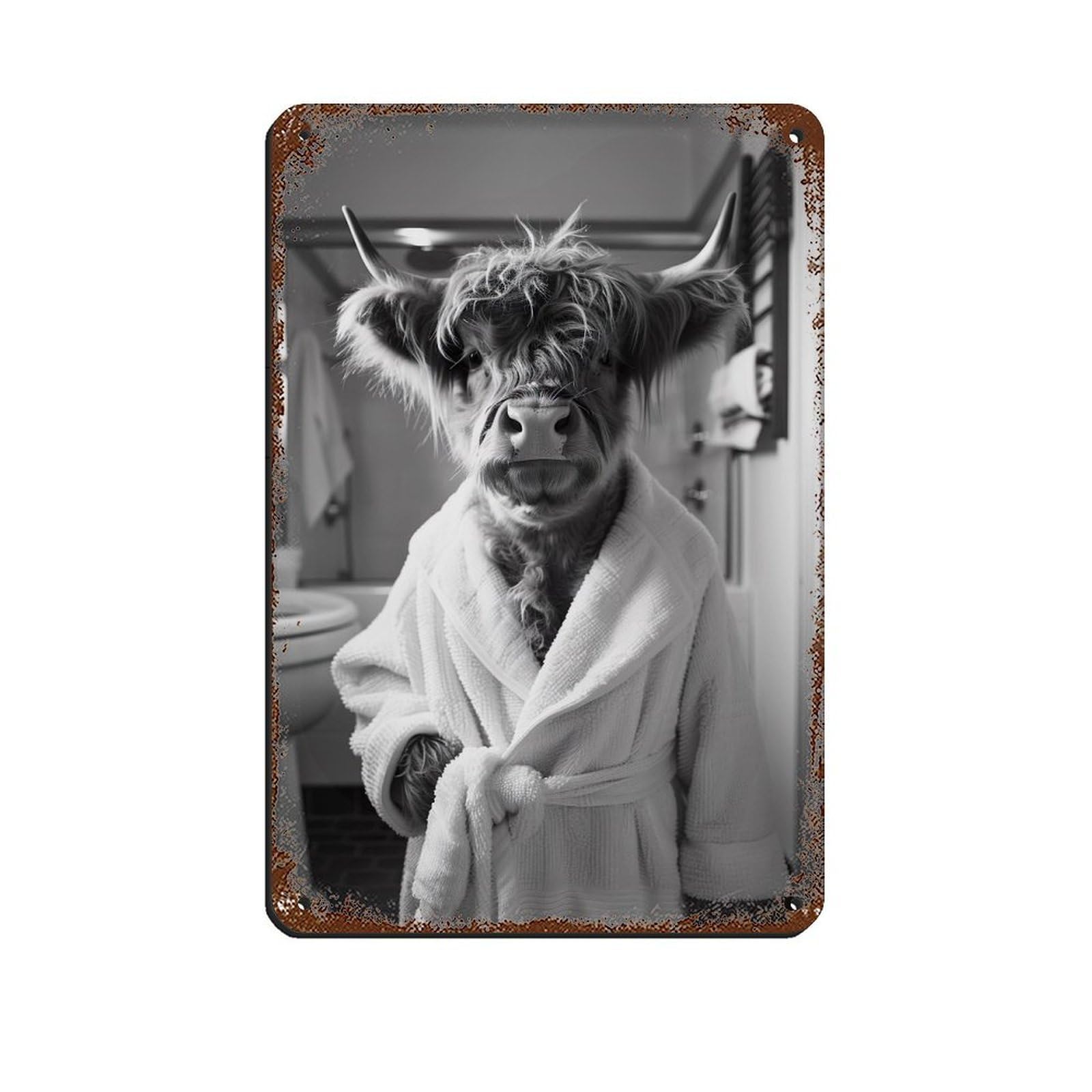 Lxwnze 20L X 30W Cm Highland Cow In A Bathrobe Tin Sign Vintage Metal Pub Club Cafe Bar Home Wall Art Decoration Poster Retro 8X12inch(20X30cm)