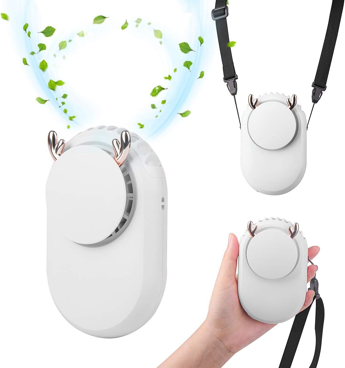 JDSUMS USB Mini Fan,Handsfree Neck Fan Portable 5 Inch Hanging Fan, Powered by Rechargeable Battery with 3-Level Speed,Necklace Fan Multi-Functional for Travel,Sports, Office and Outdoor (White)