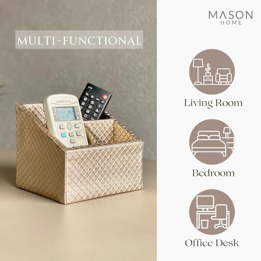 MASON HOME Vegan Leather & Mdf Braided Gold Remote Holder - 1Pc - L 6.25" x B 5" x H 5"|Decorative Multifunctional Space Saving Organizer Stand|Rom - Table - Desk|AC TV Controller - Gadgets,Stationary 4