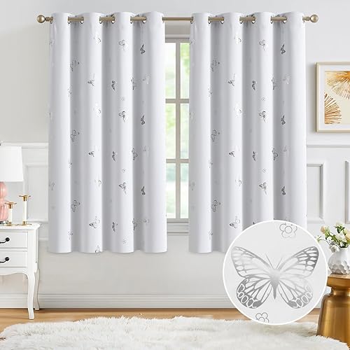Jubilantex Cortinas opacas de mariposa plateadas blancas metálicas de 63 pulgadas de largo para dormitorio, guardería, cortinas de ventana con