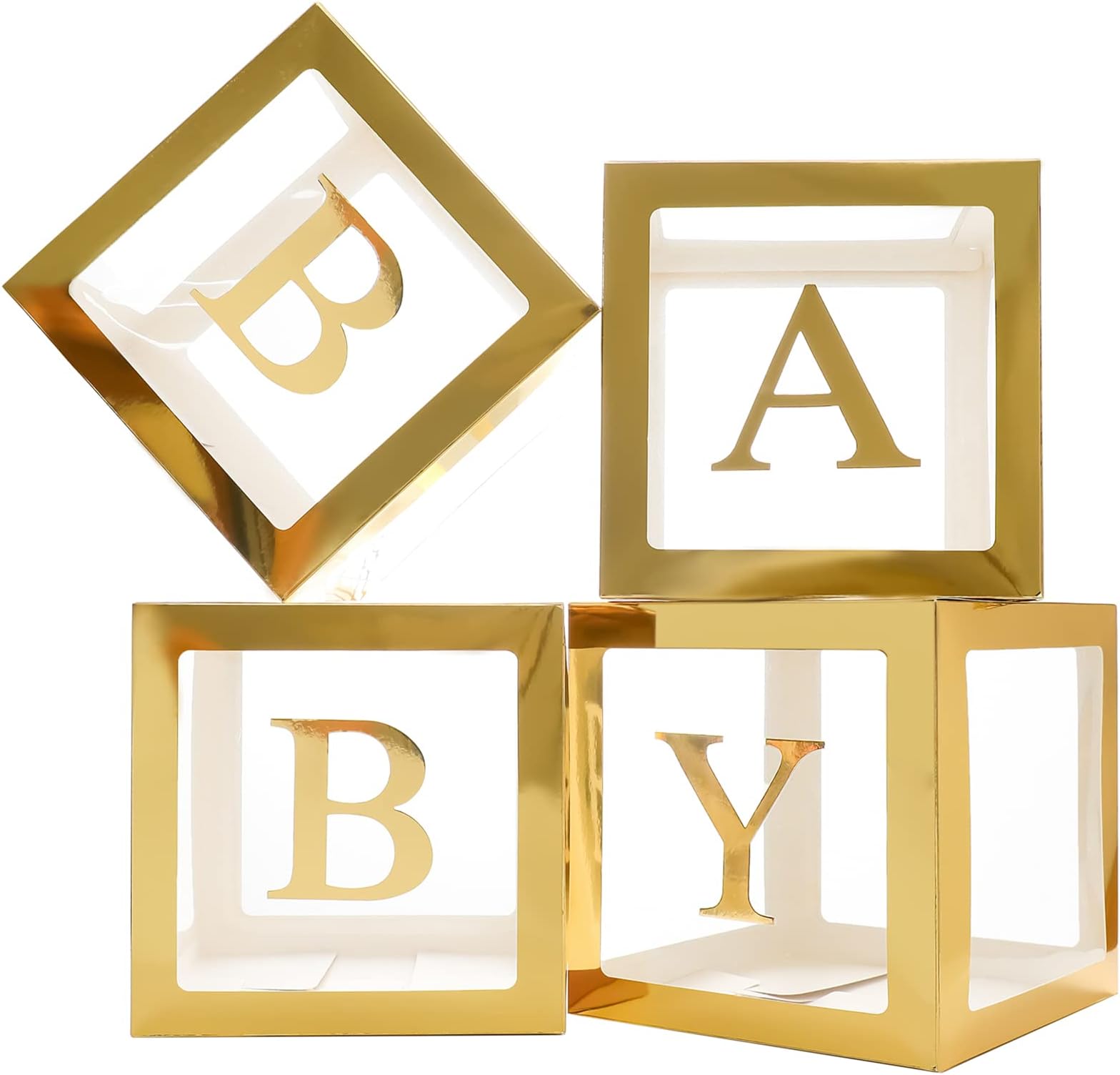 Gold Baby Boxes with Letters for Baby Shower, Baby Shower Decorations for Boys or Girls, Transparent Balloon Boxes Clear Blocks for Birthday Party, Bridal Shower, Gender Reveal