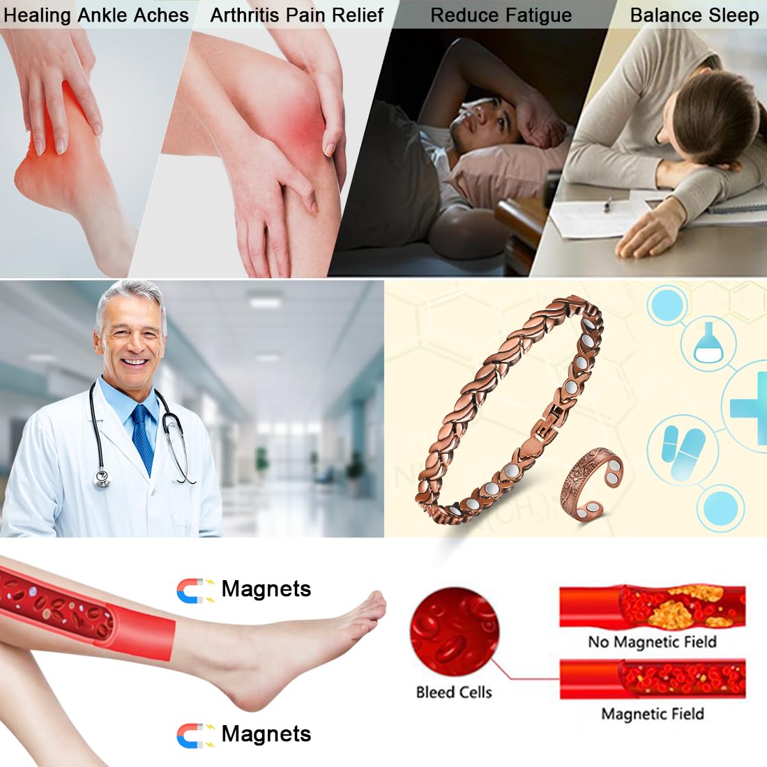 Vicmag Tobillera de cobre para mujer, pulsera de tobillo ajustable de 10.1 pulgadas (cola de peces)