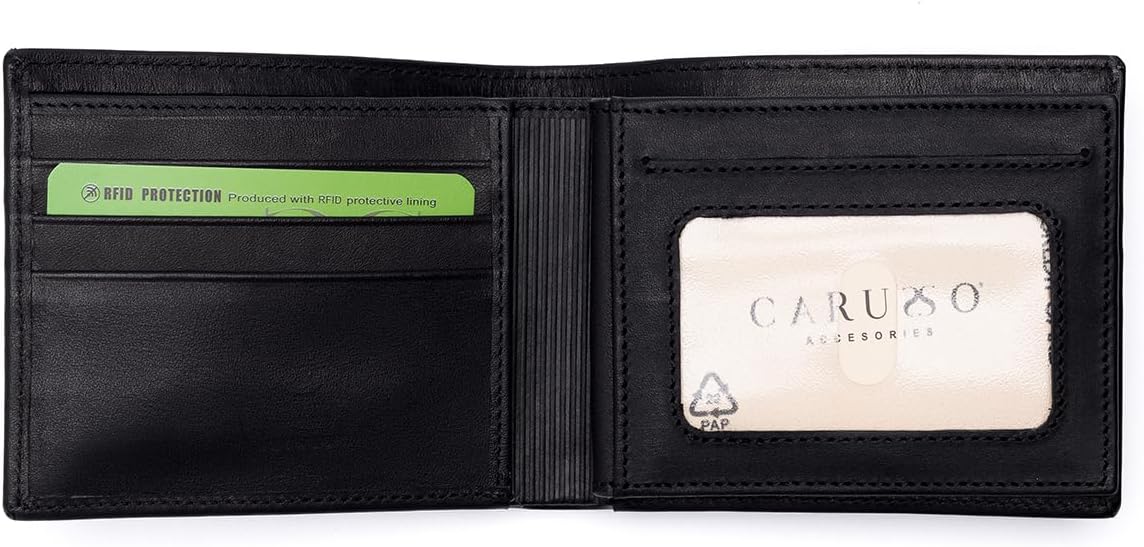 CARUSSO Mens Wallet With AirTag Holder | Genuine Leather | RFID Blocking | AirTag Not Included (Black)