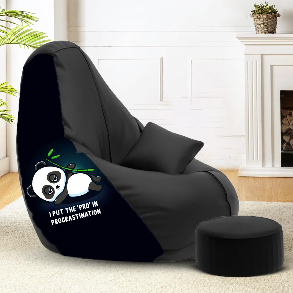 Amazon Brand - Solimo Premium Faux Leather Bean Bag Combo with Footrest & Cushion, Filled with Beans | Capacity: Upto 6 Ft 3 in Height, 120 KG Weight | 4XL | Panda Pro